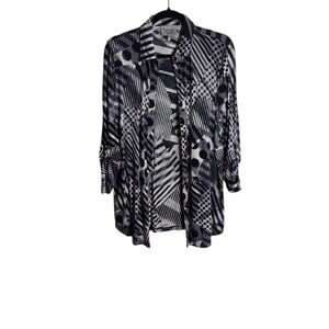 LYNN RITCHIE SILVER Black & White Abstract Patterned Blouse Button Up Size Small